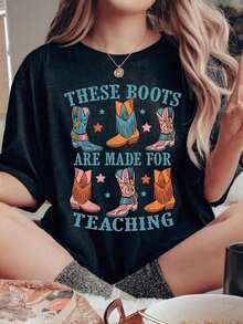 Women's Clothing. These Boots Are Made For Teaching. T-Shirt, Western Cowgirl Teacher T-Shirt, Retro Boho Teacher, Math Teacher Appreciation Gift. Casual And Stylish T-Shirts. Workout Clothes. 100% Cotton, Breathable And Comfortable Women's Shirts. - 黑色 - 查看 1
