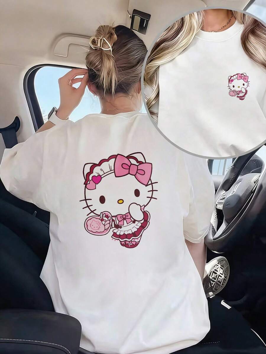 Premium Women's T-Shirt - Cute Anime Maid Outfit With Print, Loose Fit, Round Neck, Short Sleeves, Birthday Gift, Suitable For Theme Parties And Everyday Wear. . - 白色 - 查看 1