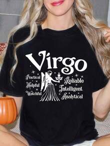 Women's T-Shirt With The Virgo Zodiac Sign, Featuring The Virgo Symbol And Characteristics. Practical, Helpful, Vigilant, Reliable, Intelligent, And Analytical. Casual Print, Round Neck, Short Sleeves, Soft, Comfortable, Simple, And Fashionable For Autumn And Winter. A Gift For Virgo Lovers, Friends, And Family. - 黑色 - 查看 1