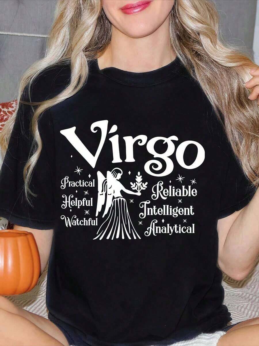 Women's T-Shirt With The Virgo Zodiac Sign, Featuring The Virgo Symbol And Characteristics. Practical, Helpful, Vigilant, Reliable, Intelligent, And Analytical. Casual Print, Round Neck, Short Sleeves, Soft, Comfortable, Simple, And Fashionable For Autumn And Winter. A Gift For Virgo Lovers, Friends, And Family. - 黑色 - 查看 1