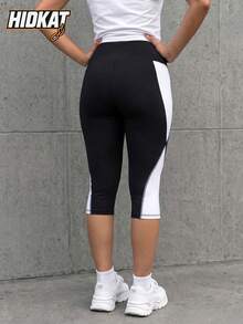 Hidkat Women's Solid Color Black & White Contrast High Waist Tight Fit Athletic Knit Leggings Sports - Black and White - View 3