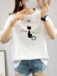 Simple And Versatile Unisex Design [Korean Style] Women's Short Sleeve T-Shirt With Cat Back Print - Loose And Modern Pure Cotton T-Shirt - 黑色 - 查看 1