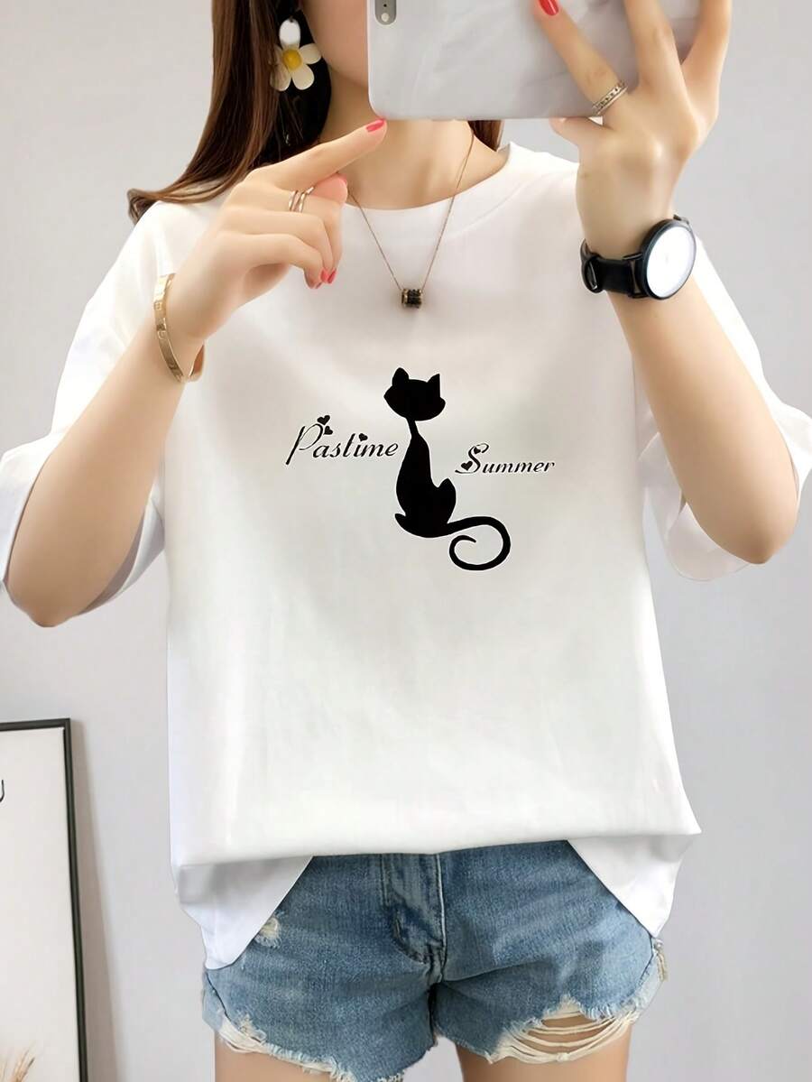 Simple And Versatile Unisex Design [Korean Style] Women's Short Sleeve T-Shirt With Cat Back Print - Loose And Modern Pure Cotton T-Shirt - 黑色 - 查看 1