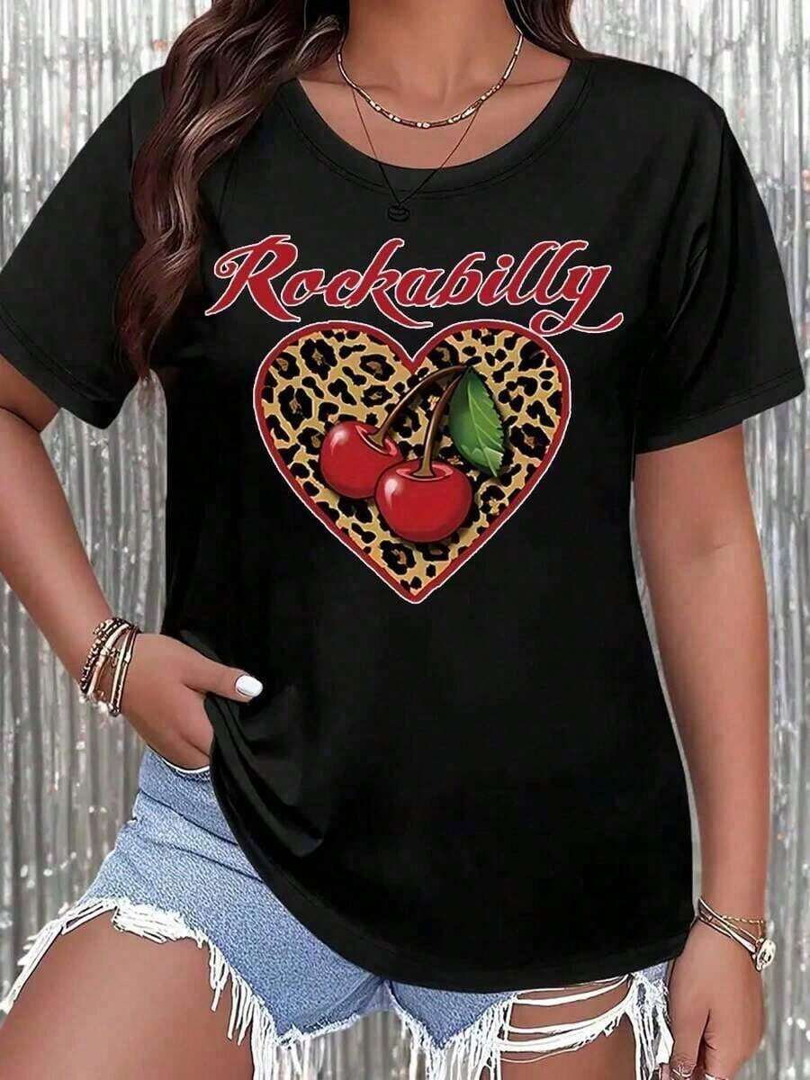 Women's Cotton T-Shirts, Rockabilly T-Shirt With Leopard And Cherry Heart Print, Vintage Style, Casual Top For Women For Party, Date Night Or Daily Wear, Women's Clothing, Basic Blouses - 黑色 - 查看 1