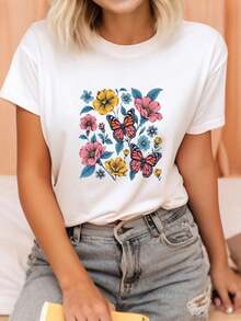 Women's Cotton T-Shirts With Vibrant And Colorful Butterfly Floral Print - Unisex Round Neck Short Sleeve T-Shirt, Made Of Soft And Breathable Fabric With Black Base And Colorful Floral Design, Suitable For Daily Wear In Spring, Summer And Autumn, An Ideal Gift. - 白色 - 查看 2