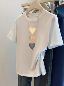 Women's Casual Short Sleeve T-Shirt With Heart Print, Round Neck, Loose Fit And Versatile For Spring/Summer - 白色 - 查看 1