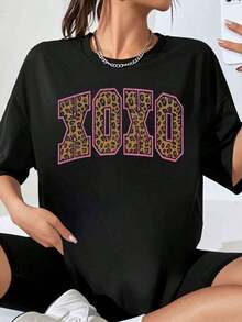 Camiseta Oversize con Estampado de Leopardo Xoxo para Mujer, Top Casual de Moda, Estilo Streetwear, Camiseta Gráfica para Uso Diario y Regalo - Negro - Ver 7