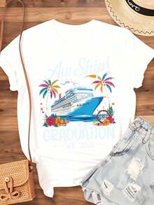 2023 Graduation Travel T-Shirt For Graduates, Summer Holiday Celebration T-Shirt With Boat And Palm Tree Design, 220g - Vintage Urban Style, Unisex Short Sleeve Crew Neck T-Shirt Made Of 100% Pure Cotton - 白色 - 查看 4