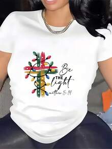 Inspirational 180g T-Shirt With The Phrase "Be A Light" (Matthew 5:14) And Cross Design - Perfect Gift For Christmas Parties, Family, Church Or Company Building Activities - Unisex Urban Vintage Style T-Shirt, Made Of Cotton, Short Sleeve And Round Neck. - 白色 - 查看 7