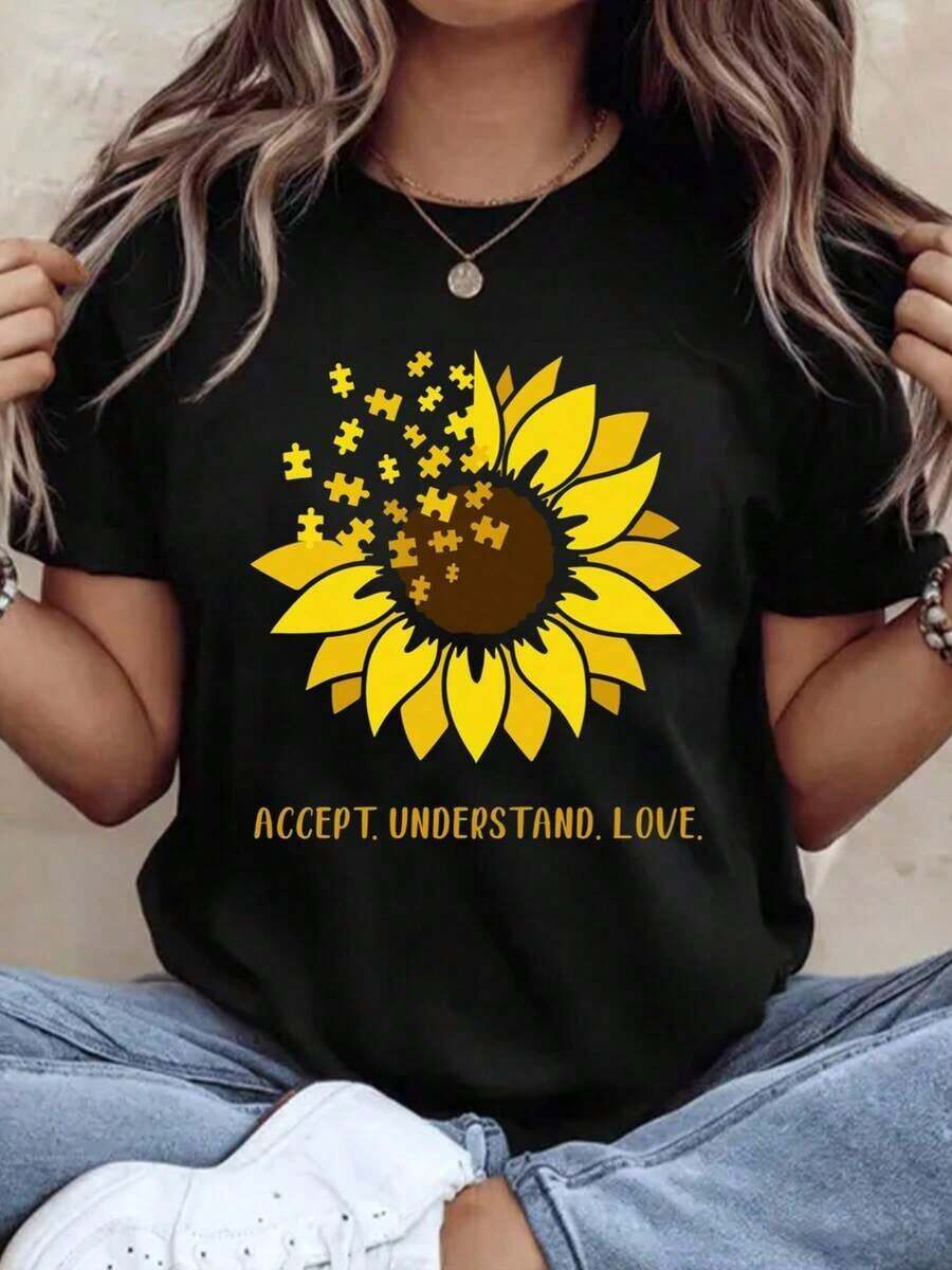 Sunflower Autism Awareness T-Shirt, Acceptance, Understanding And Love T-Shirt For Men And Women, Autism Support Gift, Summer Casual Wear, 220g - Urban Vintage Style, Unisex Short Sleeve Crew Neck T-Shirt Made Of 100% Pure Cotton - 黑色 - 查看 1