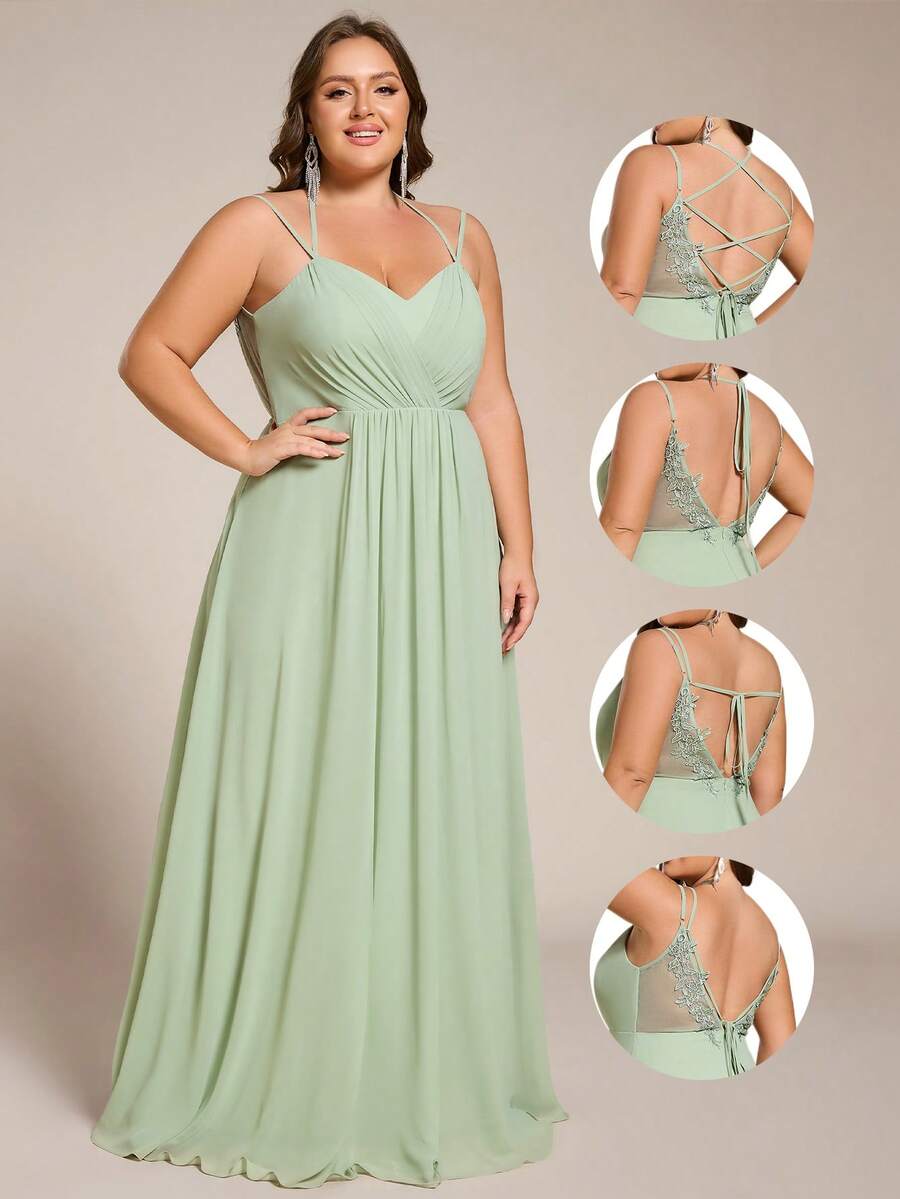 EVERPRETTY Plus Size Backless Lace Tie-Up Multi-Way Chiffon Sleeveless Deep V-Neck Bridesmaid Dress Suitable For Wedding, Vacation, Beach Party - Mint Green - View 1