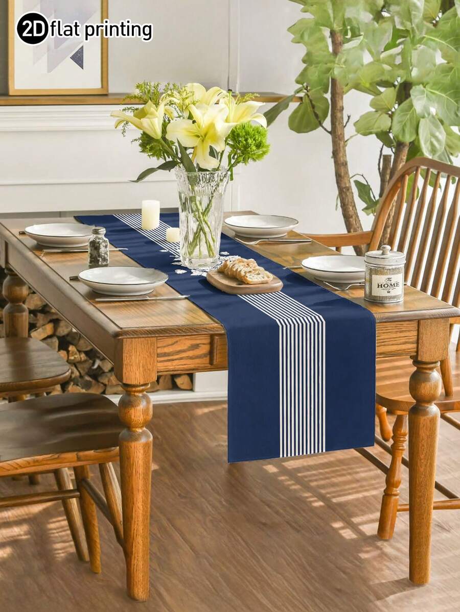 1pc,Bohemian Style,Minimalist Striped Pattern Table Runner,Microwave Dust Cover,Protective Cover,Rectangular Tablecloth,Washable,Suitable For Home Dinner,Coffee Table,Kitchen And Dining Room Decor,Dining Table Decoration Party And Scene Decor,Home Decor,Outdoor Patio Table Runner Decor,Entryway Decor,Fireplace Cover - Navy Blue - View 1