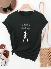 Women's Graphic T-Shirt "Witches Don't Age" - Casual Summer Short Sleeve T-Shirt With Witch Hat And Broom Design, White Crew Neck Top For Casual Wear, Casual Summer Clothes | Fun Graphic T-Shirt | Comfortable Fit, For Halloween - 黑色 - 查看 1