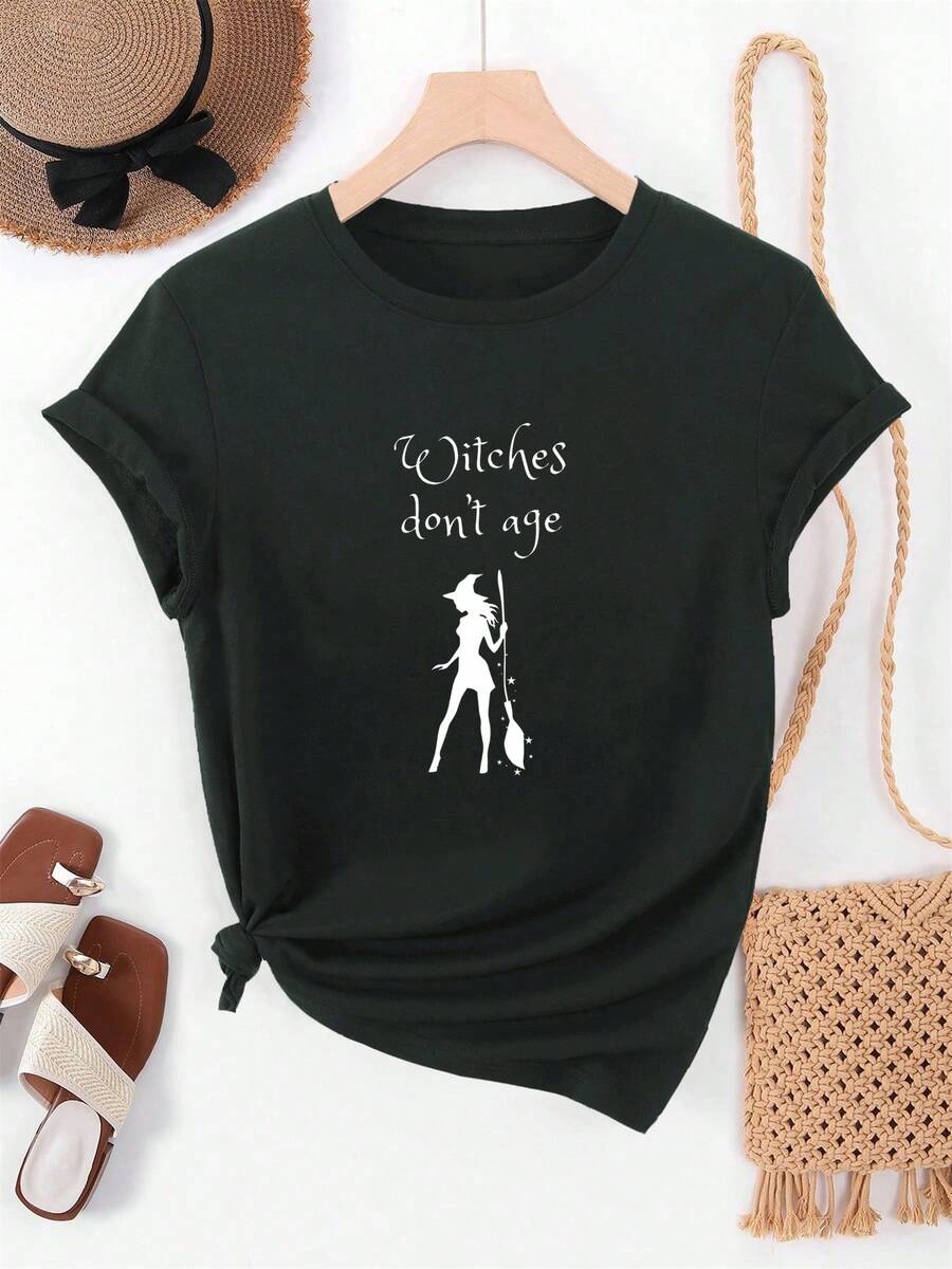 Women's Graphic T-Shirt "Witches Don't Age" - Casual Summer Short Sleeve T-Shirt With Witch Hat And Broom Design, White Crew Neck Top For Casual Wear, Casual Summer Clothes | Fun Graphic T-Shirt | Comfortable Fit, For Halloween - 黑色 - 查看 1