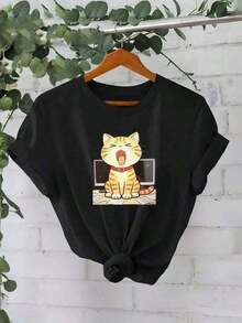 PremiumCasual[HER] New Spring, Summer, And Autumn Fashion Wo, Casual, Cute Kitten Print Pattern, Round Neck Short-Sleeve Design, Elegant Wo's-Shirt Suitable Home, Outdoor, Travel, Can Be Worn In All Seasons,-Shirt, Wo's Fashionable Casual Clothing,1pcBasic Crew Neck Cotton T-Shirt For WoGift Idea - 黑色 - 查看 7