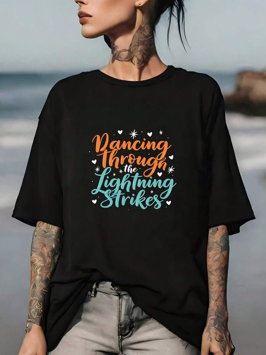 Dancing Through Lightning Bolts - Women's Inspirational 180g T-Shirt For Family Gatherings And Corporate Events - Perfect Labor Day Gift! - 黑色 - 查看 1