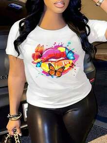 Fashionable Women's Top With Butterfly And Lip Print, Casual Short-Sleeved T-Shirt For Shopping, Parties, And Everyday Wear. ENTN 100% Cotton - 白色的 - 查看 1