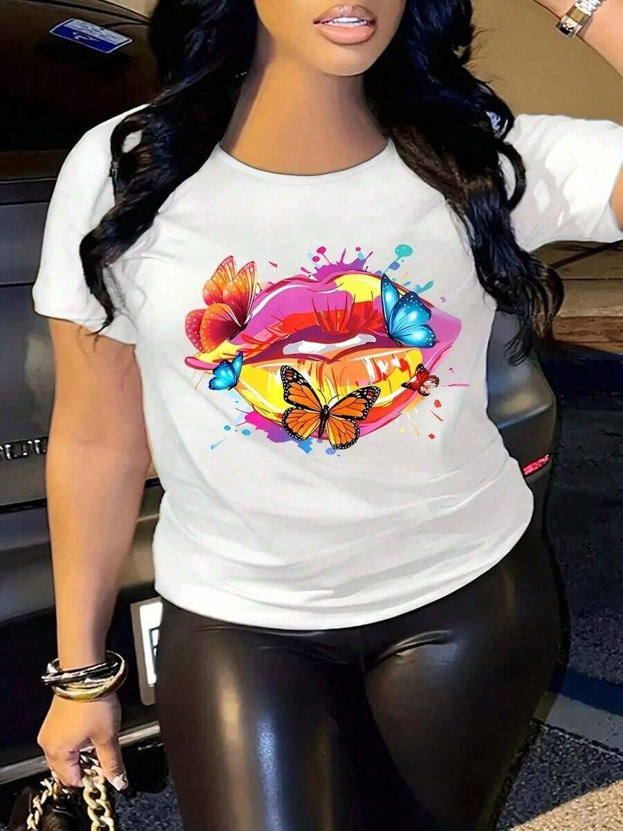 Fashionable Women's Top With Butterfly And Lip Print, Casual Short-Sleeved T-Shirt For Shopping, Parties, And Everyday Wear. ENTN 100% Cotton - 白色的 - 查看 1