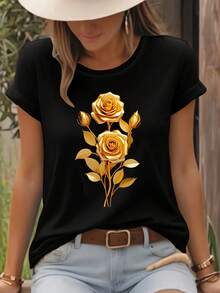 T-Shirt With Gold Rose Graphic Print, Casual Short-Sleeved Round Neck Top For Summer And Spring, Women's Clothing - 黑色 - 查看 1