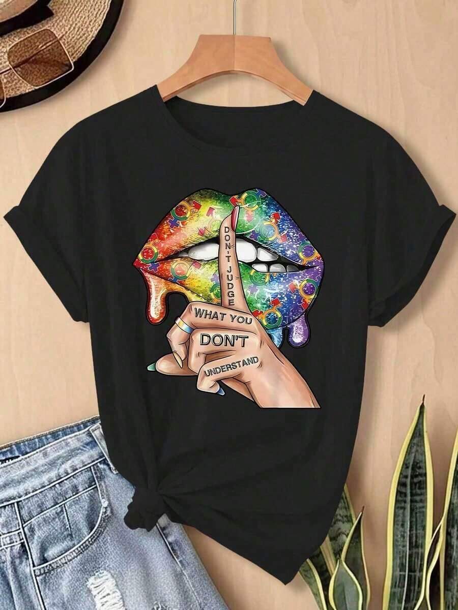 Elegant And Stylish Plus Size Women's Party Garment With Lip And Gesture Prints, Beautiful Elegant Ladies Party Garment, Loose Fit, Soft And Machine Washable, Short Sleeve Top With Round Neck And Elastic Sporty Style. - 黑色 - 查看 1