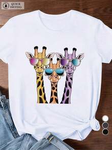 Camiseta suave para mujer, manga corta, estampado gráfico, cuello redondo, casual, para uso diario en verano, camiseta deportiva de manga corta para mujer, talla grande, con diseño de jirafas de dibujos animados con gafas de sol, camisetas para mujer, camiseta gráfica, camisetas gráficas para mujer, camiseta de verano, camiseta casual, camisetas de verano, tops, conjuntos de verano para mujer, camiseta casual cómoda de manga corta con cuello redondo, blusas elegantes para dama. - Blanco - Ver 7