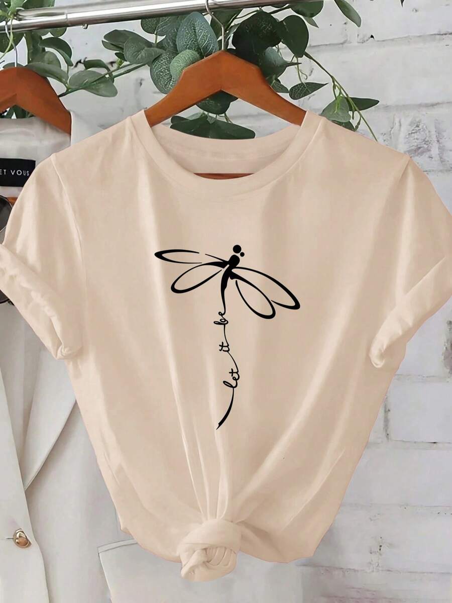 1 Women's Summer Short Sleeve T-Shirt - 2D Geometric Dragonfly Design Combined With "Let It Be" Design. Urban Style. | Youthful Design | Comfortable Fit, Cute Clothing X2H5 - 杏色 - 查看 1