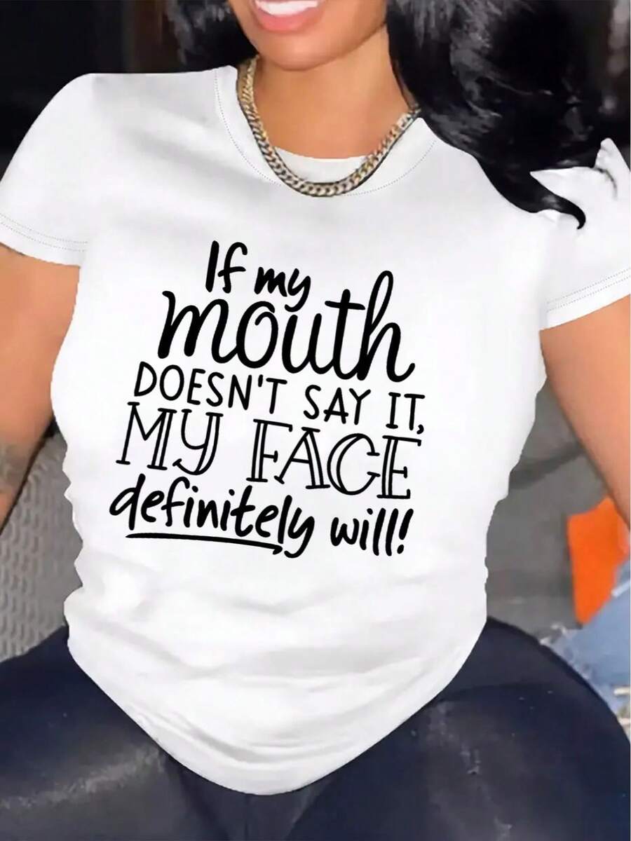 Women's Casual Sports T-Shirt With Bold Cursive Text Design - White Elastic Crew Neck T-Shirt, Machine Washable, Comfortable Fit For All Seasons, For A Casual And Modern Style. - 白色 - 查看 1