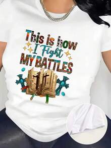 Women's Casual Sports T-Shirt With "Just As I Fight MY BATTLES" Design - White Elastic Round Neck T-Shirt, Machine Washable, Comfortable Fit And Suitable For All Seasons. - 白色 - 查看 7