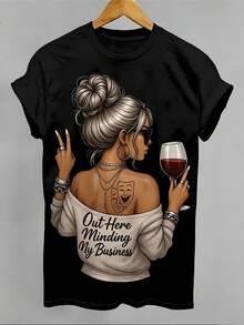 Camiseta Deportiva Casual para Mujer - Camiseta Negra Elástica de Cuello Redondo con Ilustración Digital y Diseño de Texto. Lavable aáquina, Ajuste Cómodo y para Todas las Estaciones, Perfecta para un Estilo Casual y Deportivo. - Negro - Ver 1