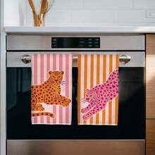 MEMNUN 2pcs Pink Orange Striped And Leopard Print Kitchen Towels, Dish Towels, Hand Towels, Dish Cloths, Home Decor, Kitchen Decor, Hand Towels, Kitchen Accessories, Machine Washable, Cleaning Supplies, Suitable For Restaurant, Kitchen, Bathroom, Home Decor And Gift, All Season Use, 40*60cm/45*70cm, Ultra-Soft Microfiber - Multicolor - View 6