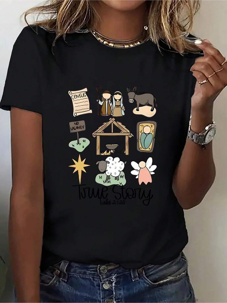 Women's T-Shirt With Christmas Nativity Story Design - True Story - Religious Red T-Shirt For Parties - Comfortable Crew Neck T-Shirt For All Seasons, Suitable For Church, Family Gatherings And Casual Wear - Machine Washable Short Sleeve T-Shirt, Christmas Themed Clothing, Soft Cotton T-Shirt - 黑色 - 查看 1