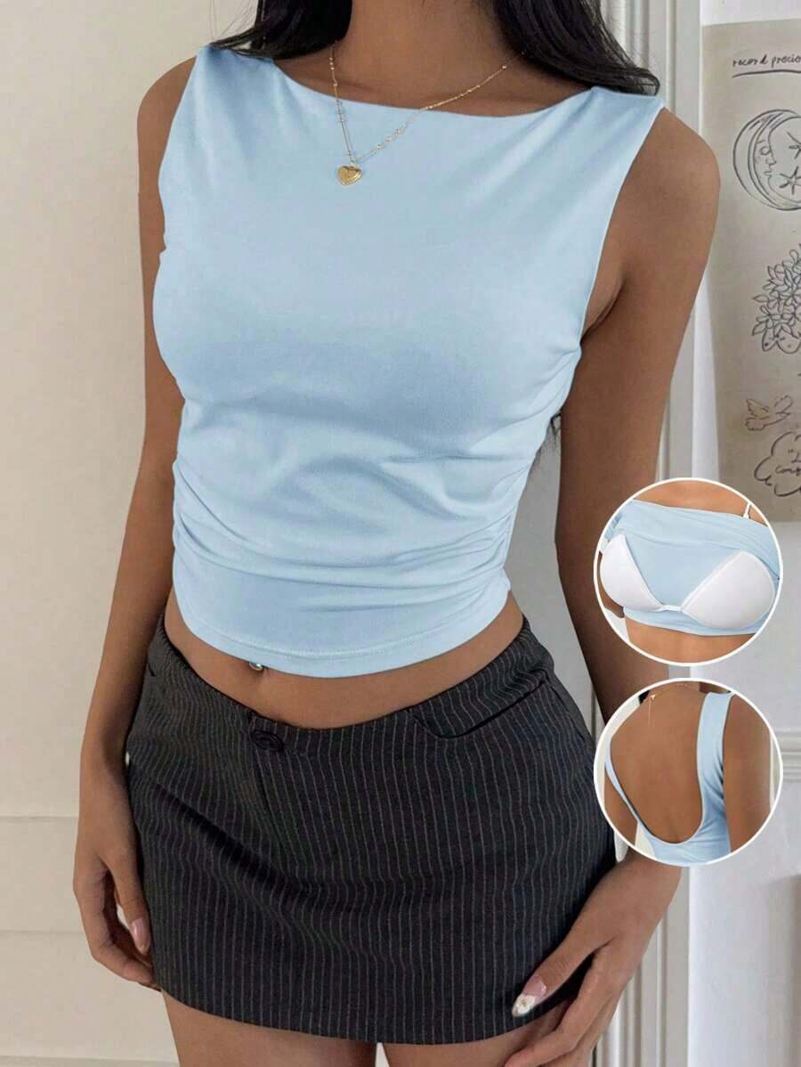Top corto de algodón acolchado con espalda de tirantes, para primavera/verano - Azul - Ver 1