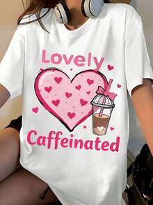 Women's T-Shirt With Coffee Cup And Heart Print, Cute Graphic Tee For Women, Valentine's Day Gift, Summer Casual Wear - 白色 - 查看 7