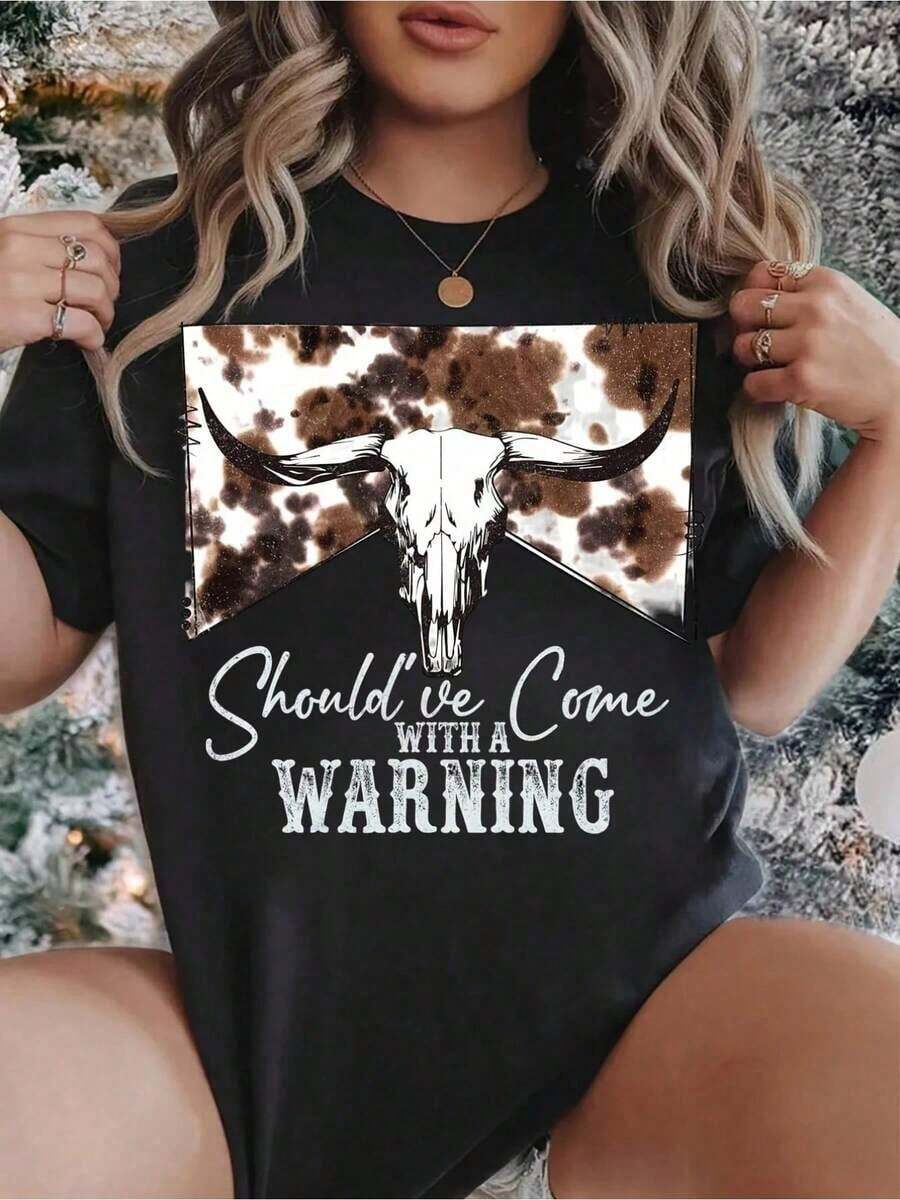 1 Piece Of Short Sleeve Round Neck T-Shirt, Vintage Bull Skull Print Western Cowboy Style, Plus Size, Should Have Come With A Warning, 100% Cotton, Summer Clothes, Women's Tops, Casual And Comfortable, Fashionable T-Shirt, Unisex, Soft. - 黑色 - 查看 1