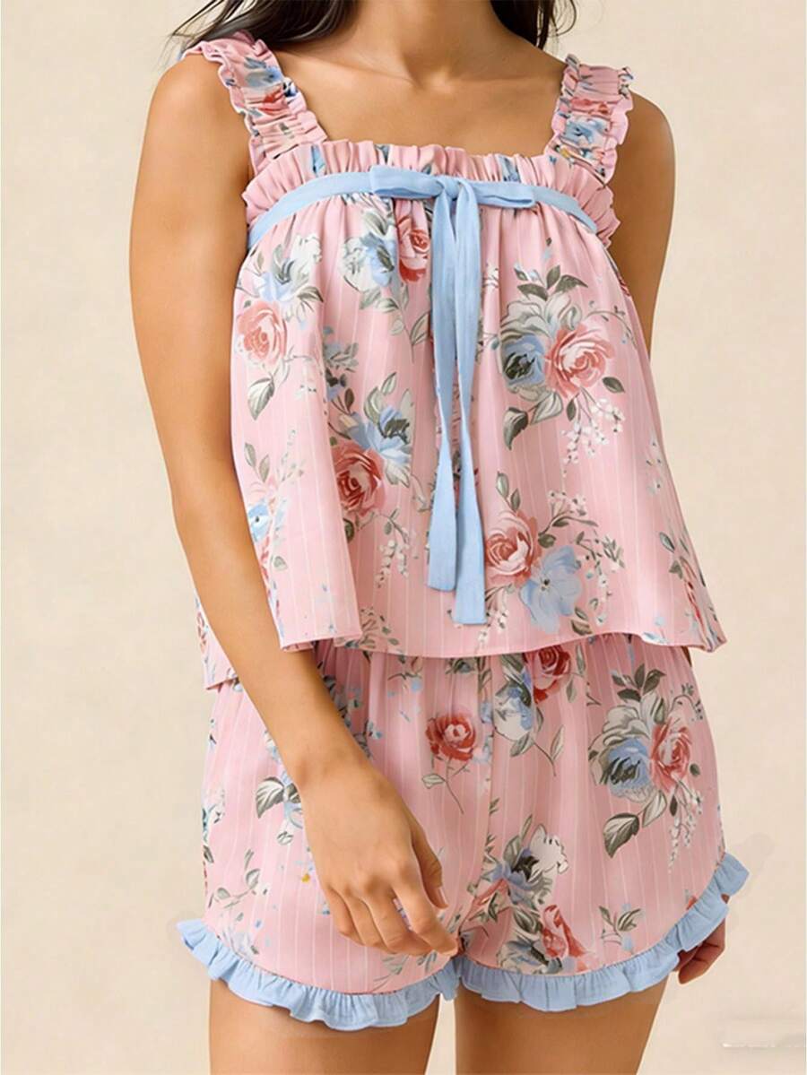 Women's Floral Print Ruffled Cami Shorts Loungewear Set, Square Neck Bow Detail Pajama Set - Pink - View 1