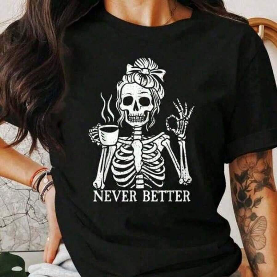 Camiseta de Amante del Café con Esqueleto, Esqueleto Divertido Nunca Mejor, Camiseta Gráfica de Esqueleto para Halloween, Diseño Gótico de Esqueleto, Camisetas Gráficas 100% de Algodón Cómodo, Camiseta Casual Estampada para Mujer, Manga Corta y Cuello Redondo, Moda Urbana Local de Primavera/Verano. - Negro - Ver 1