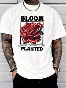 Men's Casual T-Shirt, Modern Urban Style, Red Rose Print, BLOOM PLANTED Text, Men's Fashion, Casual Clothing For Adult Men - 白色 - 查看 8