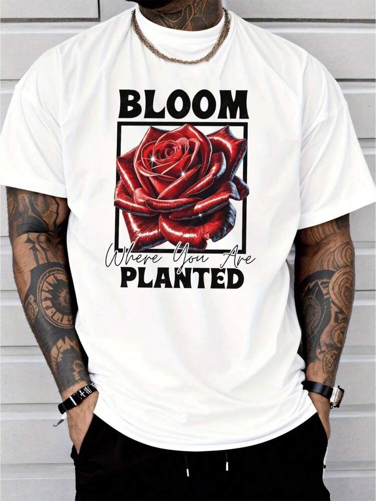 Camiseta de Hombre Casual, Estilo Urbano Moderno, Estampado de Rosas Rojas, Texto BLOOM PLANTED, Moda Masculina, Ropa Casual para Hombres Adultos - Blanco - Añade 8