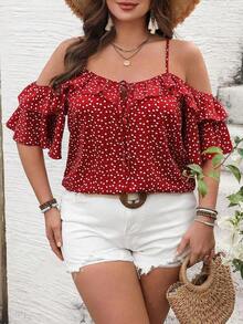 Camiseta romántica con volantes y escote descubierto de corazoncitos para vacaciones, talla grande.Ideal para fiesta casual, picnic o San Valentín. - Rojo - Ver 6