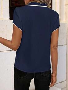 Camisa de mujer de manga corta, con lazo, volantes, a cuadros, elegante y casual para vacaciones y picnic, primavera/verano - Azul marino - Ver 3