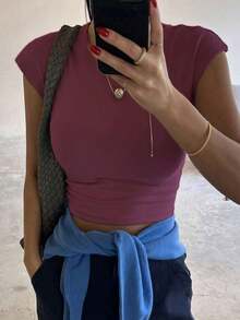 Top corto y ajustado de unicolor de verano para mujer, camiseta informal empresarial - Rosa Fucsia - Ver 2