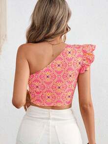 VCAY Parte superior asimétrica de punto impresa corta y entallada para mujer, ideal para vacaciones - Rosa - Ver 2