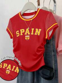 Set de 3 blusas de mujer con estampado de rayas, cuadros y gráficos, de manga corta y con efecto de cintura ceñida - Multicolor 16 - Ver 1