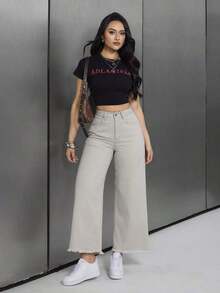 Pantalones vaqueros de pierna ancha con borde deshilachado para mujer, ideales para primavera-verano al aire libre - Gris - Ver 4
