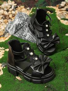 1 Pair Teenage Girls' Black Platform Roman Style Princess Sandals, Solid Color Soft PU Woven + Shiny Pearl Bow Decor, Round Toe Open Toe Chunky Heel Comfortable Soft Bottom Non-Slip Rear Zipper Design, Fashion Sweet Princess Style Wedge Sandals, Suitable For Daily, School, Outing, Travel, Spring/Summer New Arrival - Black - View 4