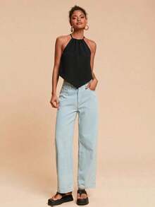Top de tirantes tejido con estampado de vacaciones para mujer - Negro 2 - Ver 5