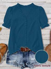 Blusa casual con cuello en V, volantes y mangas de pétalos acanalados para tallas grandes - Agua verde azul - Ver 4