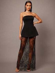 Set de 2 piezas con top corto tipo bustier negro y minifalda con dobladillo de encaje, adecuado para citas, graduaciones, conciertos, vestidos de dama de honor, bodas, ocasiones románticas, estilo minimalista, conjunto elegante para uso diario - Negro - Ver 4