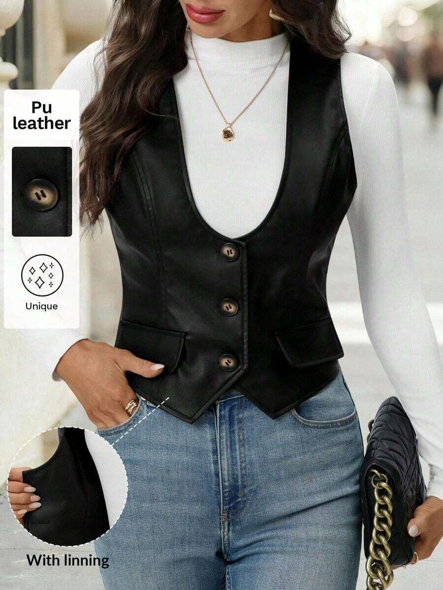 Chaleco delgado de mujer de un solo pecho de unicolor de piel de PU - Negro - Ver 1