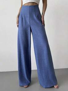 Pantalones anchos de cintura alta y pierna ancha para mujer, color azul, adecuados para la playa, el aeropuerto, de estilo modesto - Azul - Ver 10